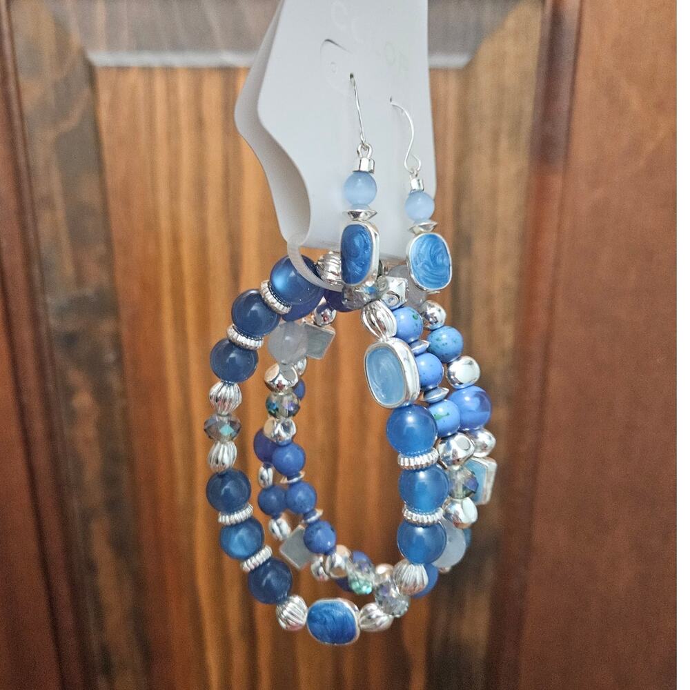 COLOR Blue Set of Casual Contemporary Dangle Earrings and Beaded Bracelets